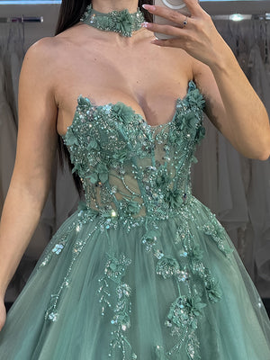 A-line Sweetheart Appliques Lace Floor-Length Tulle Corset Dress