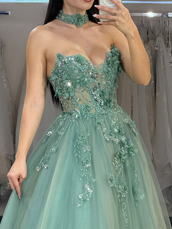 A-line Sweetheart Appliques Lace Floor-Length Tulle Corset Dress