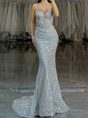 Sheath Spaghetti Straps Sequin Court Train Corset Dress