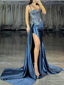 Sheath Spaghetti Straps Appliques Lace Court Train Silk Like Satin Corset Dress