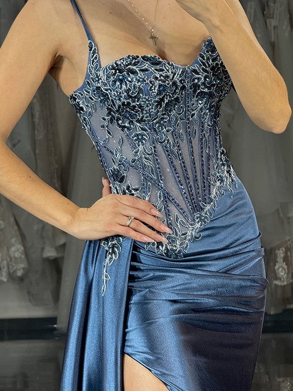 Sheath Spaghetti Straps Appliques Lace Court Train Silk Like Satin Corset Dress