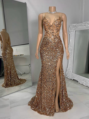 Sheath V-neck Sequin Sweep Train Corset Dress