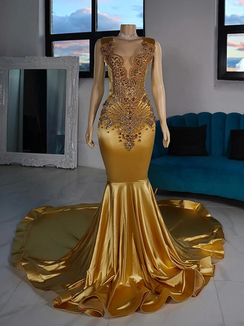 Mermaid Scoop Rhinestone Chapel Train Metallic Satin Dress