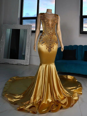Mermaid Scoop Rhinestone Chapel Train Metallic Satin Dress