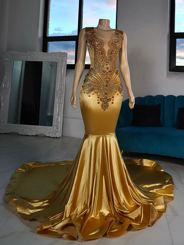 Mermaid Scoop Rhinestone Chapel Train Metallic Satin Dress
