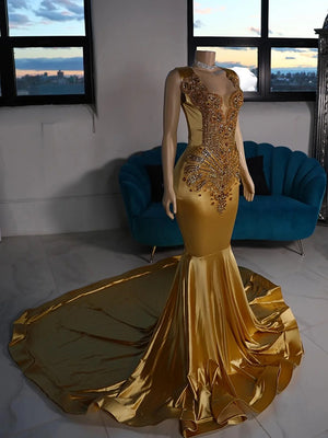 Mermaid Scoop Rhinestone Chapel Train Metallic Satin Dress