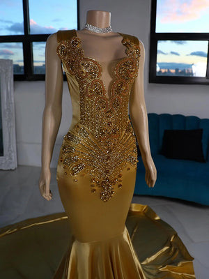 Mermaid Scoop Rhinestone Chapel Train Metallic Satin Dress