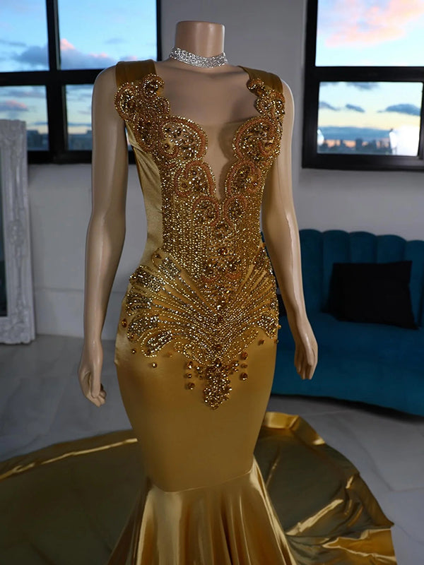 Mermaid Scoop Rhinestone Chapel Train Metallic Satin Dress