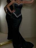 Sheath Straps Rhinestone Sweep Train Satin Corset Dress