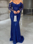 Sheath Off-the-Shoulder Long Sleeves Sequin Sweep Train Corset Dress