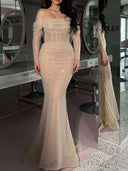 Sheath Off-the-Shoulder Long Sleeves Sequin Sweep Train Corset Dress