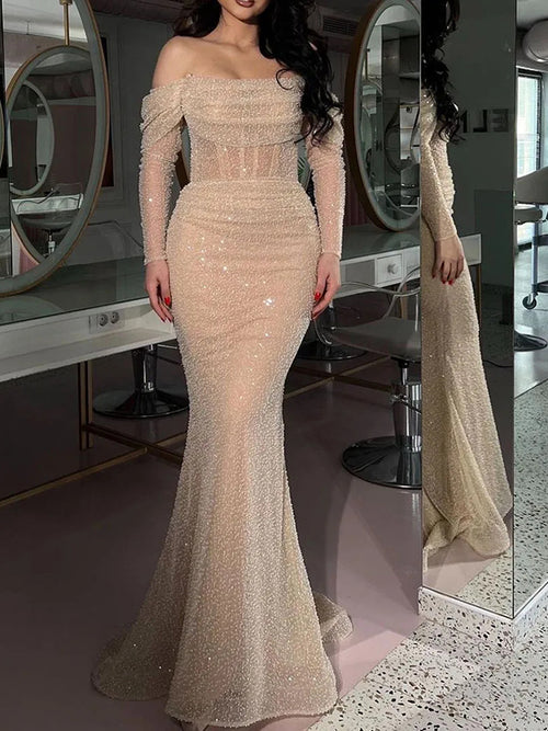 Sheath Off-the-Shoulder Long Sleeves Sequin Sweep Train Corset Dress