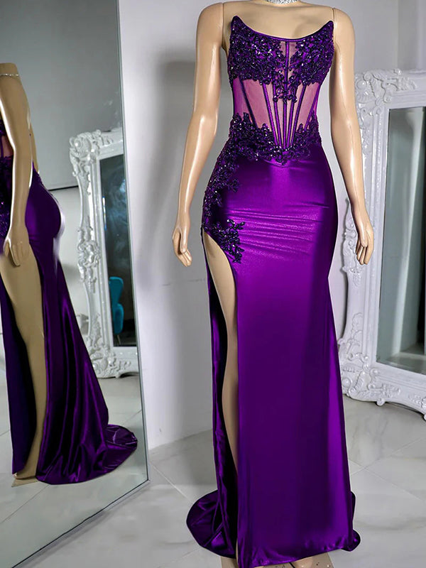Sheath Straight Appliques Lace Sweep Train Silk Like Satin Corset Dress