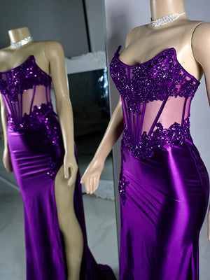 Sheath Straight Appliques Lace Sweep Train Silk Like Satin Corset Dress