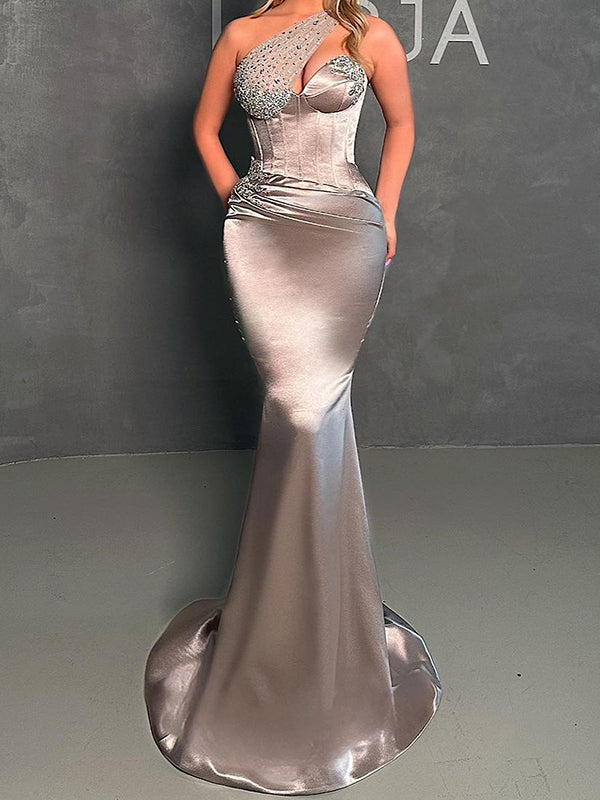 Sheath One-Shoulder Rhinestone Sweep Train Silk Like Satin Corset Dress