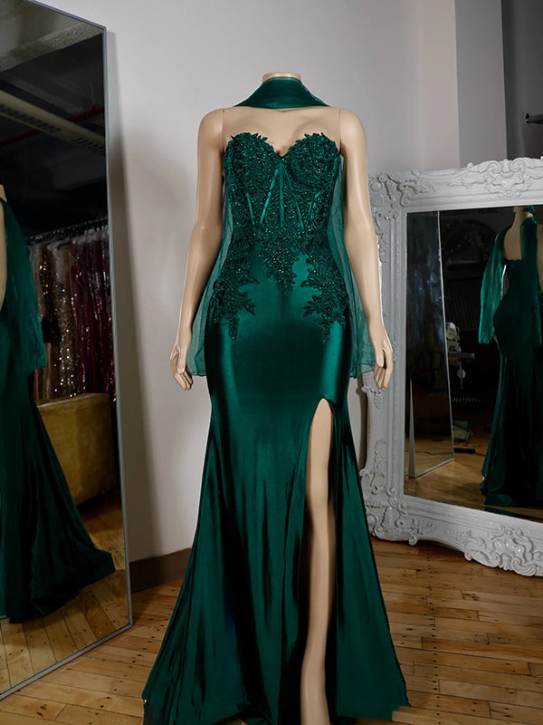 Sheath Sweetheart Appliques Lace Sweep Train Silk Like Satin Corset Dress