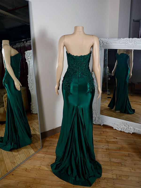 Sheath Sweetheart Appliques Lace Sweep Train Silk Like Satin Corset Dress