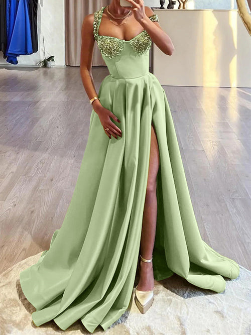 A-line Straps Sequin Sweep Train Satin Dress