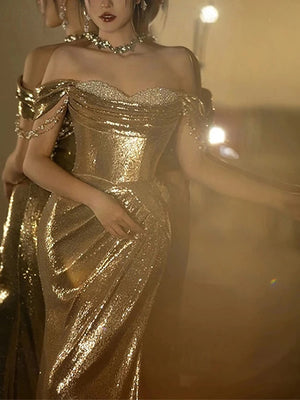 Sheath Off-the-Shoulder Pleated Court Train Sequins Dress
