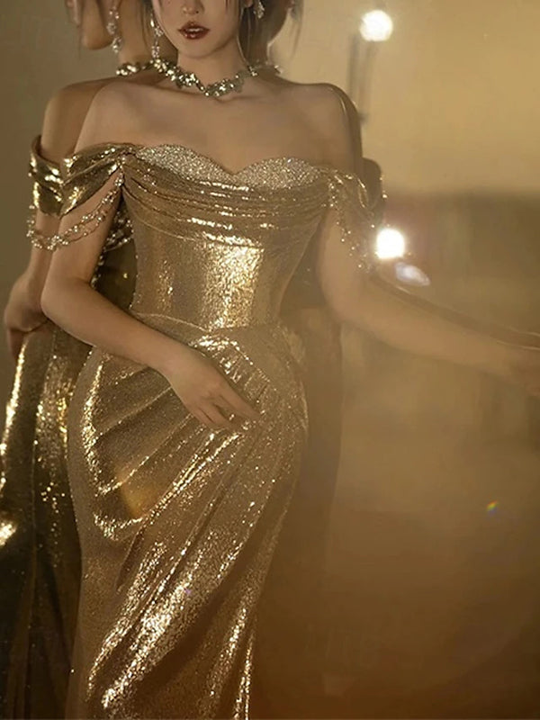 Sheath Off-the-Shoulder Pleated Court Train Sequins Dress