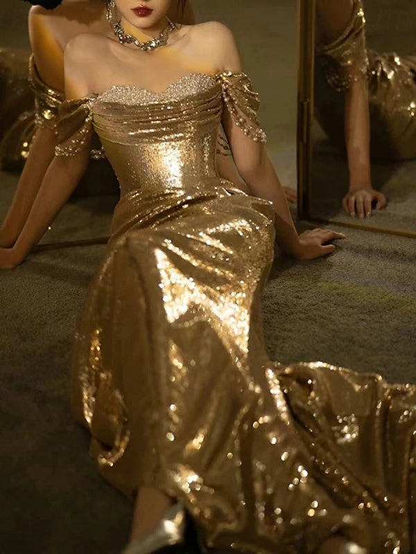 Sheath Off-the-Shoulder Pleated Court Train Sequins Dress