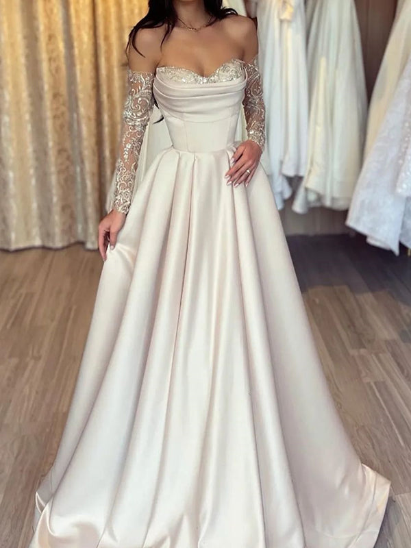 A-line Sweetheart Long Sleeves Appliques Lace Floor-Length Satin Dress