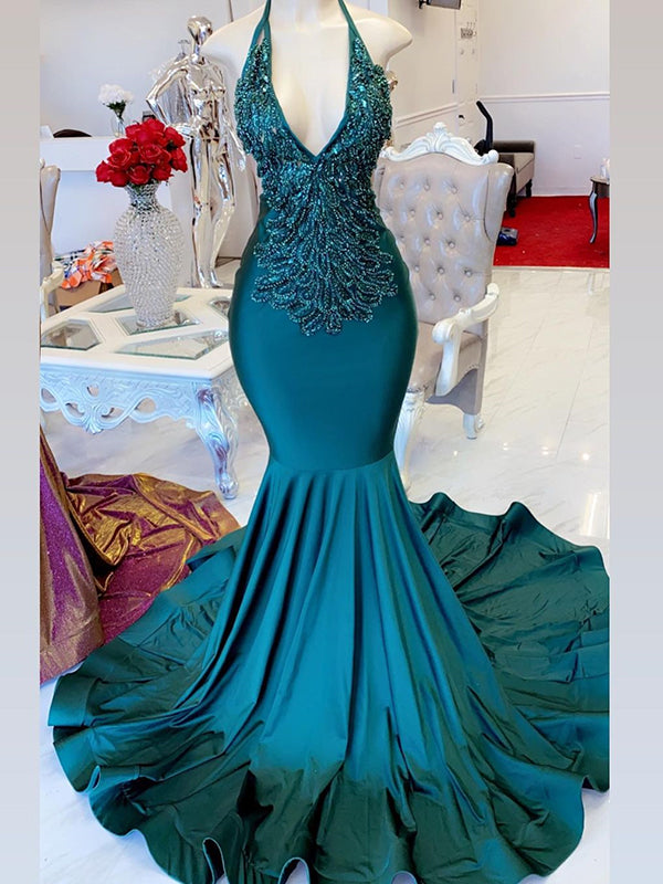 Mermaid Halter Beading Court Train Dress