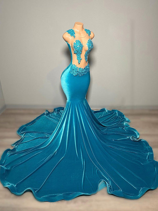 Mermaid Scoop Appliques Lace Sweep Train Velvet Dress