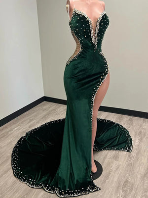 Sheath Sweetheart Rhinestone Court Train Velvet Dress