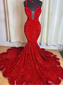 Mermaid One-Shoulder Court Train Velvet Sequins Dress