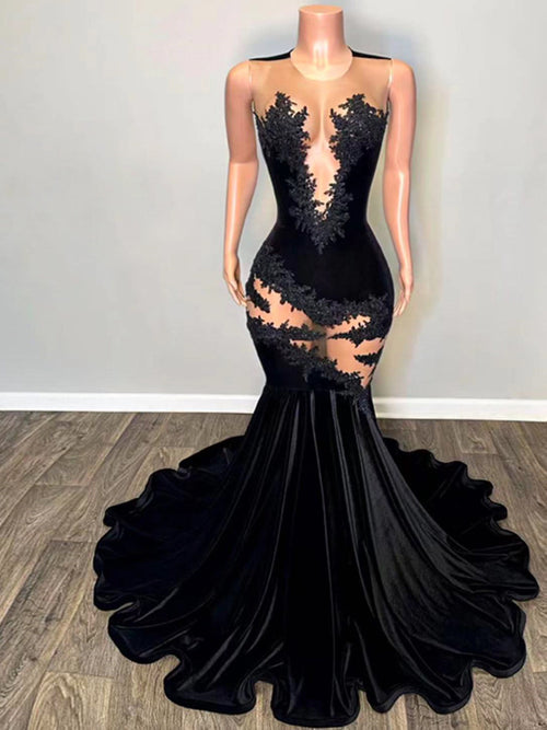 Mermaid Scoop Appliques Lace Sweep Train Velvet Dress