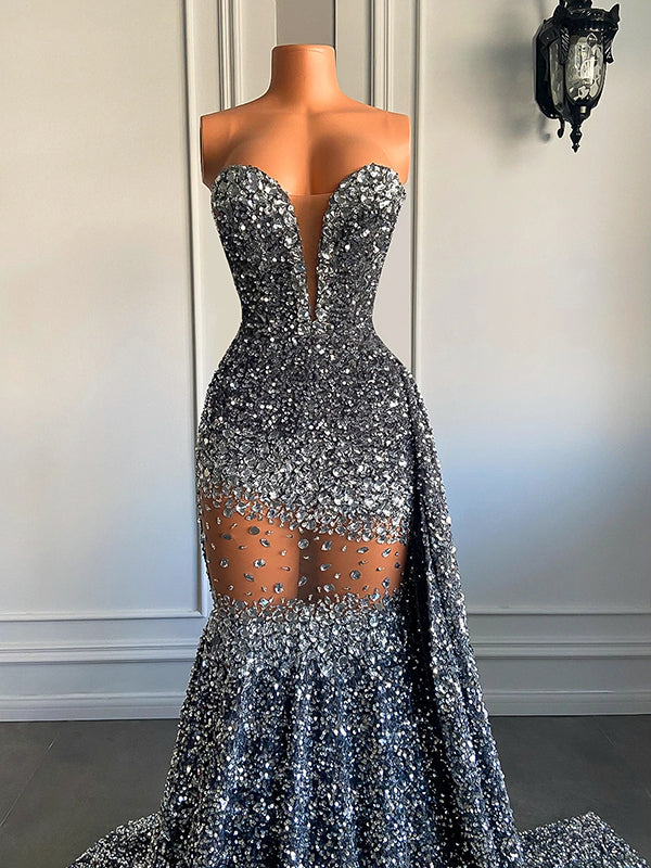 Sheath Sweetheart Rhinestone Court Train Dress