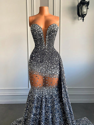 Sheath Sweetheart Rhinestone Court Train Dress