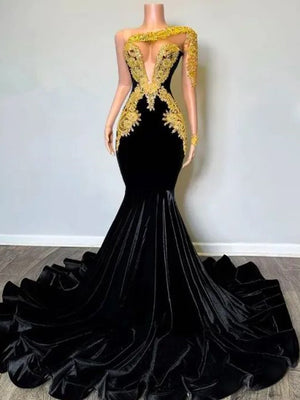 Mermaid One-Shoulder Appliques Lace Floor-Length Velvet Dress
