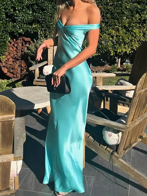 Sheath Off-the-Shoulder Floor-Length Silk Like Satin Dress