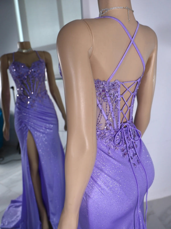 Sheath Spaghetti Straps Appliques Lace Sweep Train Corset Dress