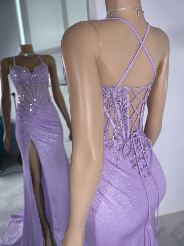 Sheath Spaghetti Straps Appliques Lace Sweep Train Corset Dress