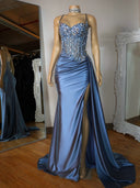 Sheath Spaghetti Straps Appliques Lace Sweep Train Silk Like Satin Corset Dress