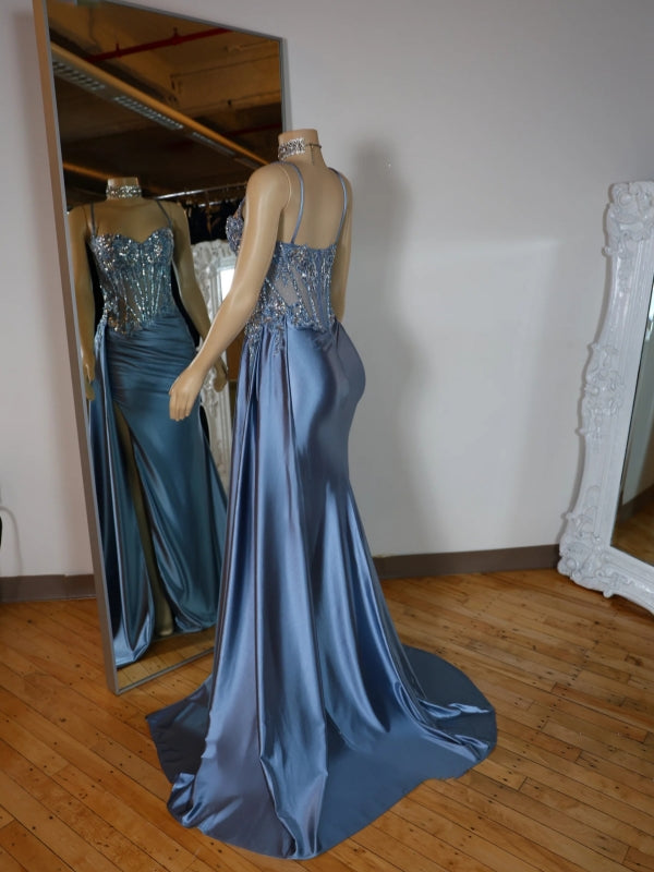 Sheath Spaghetti Straps Appliques Lace Sweep Train Silk Like Satin Corset Dress