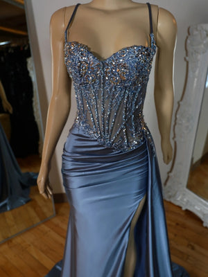 Sheath Spaghetti Straps Appliques Lace Sweep Train Silk Like Satin Corset Dress