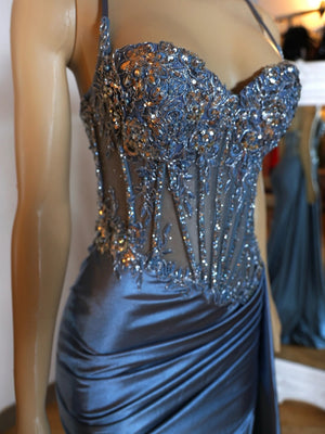 Sheath Spaghetti Straps Appliques Lace Sweep Train Silk Like Satin Corset Dress