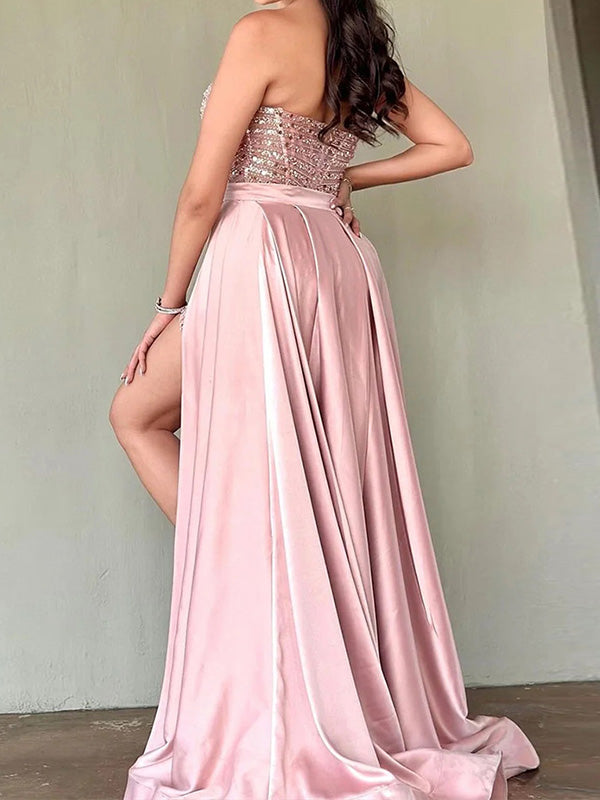 Sheath Sweetheart Sequin Sweep Train Silk Like Satin Dress