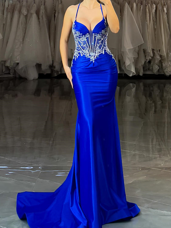 Sheath Halter Appliques Lace Sweep Train Silk Like Satin Corset Dress