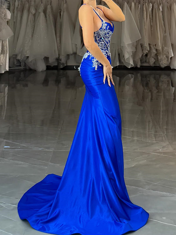 Sheath Halter Appliques Lace Sweep Train Silk Like Satin Corset Dress