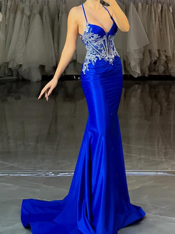 Sheath Halter Appliques Lace Sweep Train Silk Like Satin Corset Dress