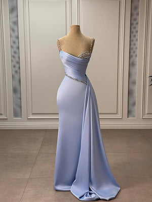 Sheath Spaghetti Straps Rhinestone Floor-Length Silk Like Satin Dress