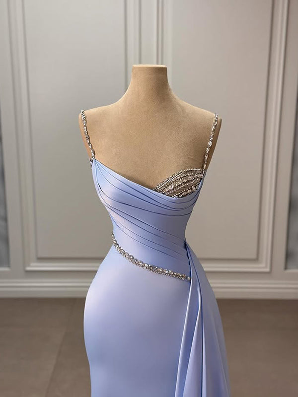 Sheath Spaghetti Straps Rhinestone Floor-Length Silk Like Satin Dress