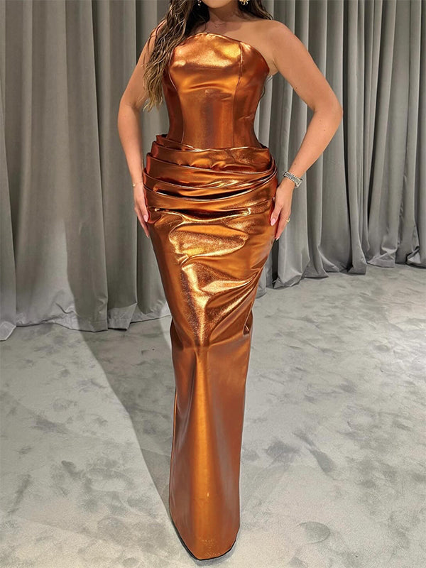 Sheath Straight Pleated Floor-Length Metallic Satin Dress