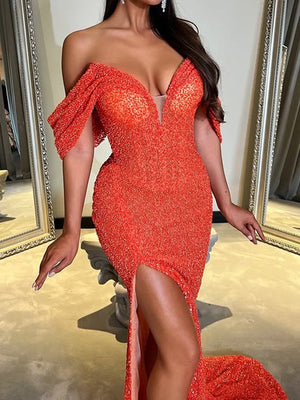 Sheath Off-the-Shoulder Sequin Court Train Dress