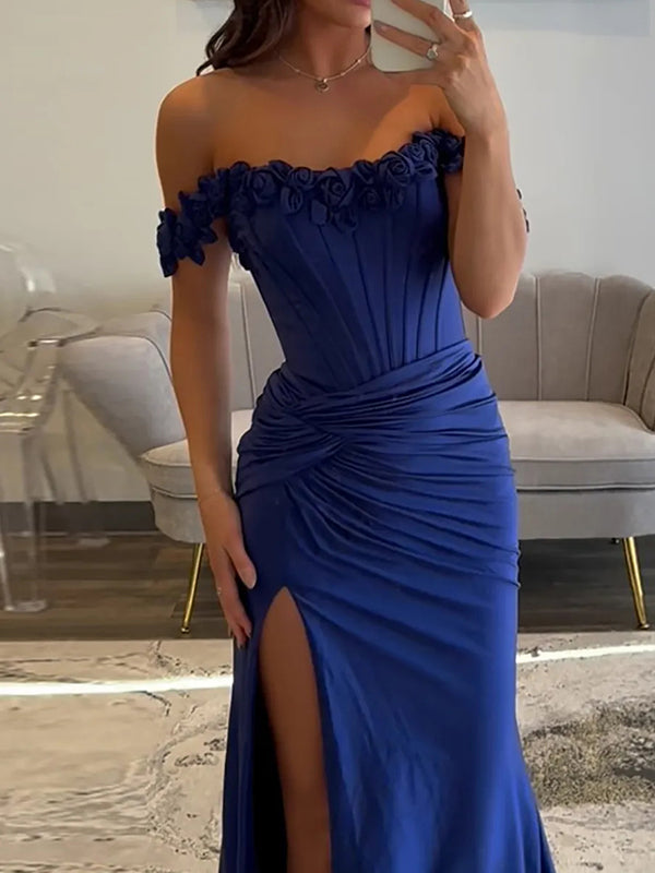 Sheath Off-the-Shoulder Pleated Sweep Train Silk Like Satin Corset Dress